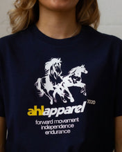 Load image into Gallery viewer, Close-up of Midnight Navy unisex T-shirt featuring Forward horse graphic