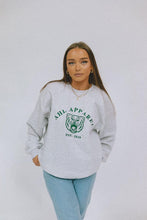 Load image into Gallery viewer, Model wearing AHL Apparel Bear oversized sweatshirt in Ash Grey with green graphic