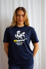 Load image into Gallery viewer, Midnight Navy oversized unisex streetwear T-shirt with yellow AHL Apparel chest logo
