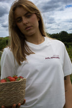 Load image into Gallery viewer, Model wearing AHL Apparel Fresh Start Strawberry oversized white T-shirt
