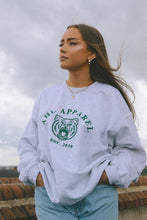 Load image into Gallery viewer, AHL Apparel Ash  Grey oversized unisex sweatshirt with green bear graphic on model
