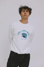 Load image into Gallery viewer, Male model wearing AHL Apparel white sweatshirt with blue tiger graphic
