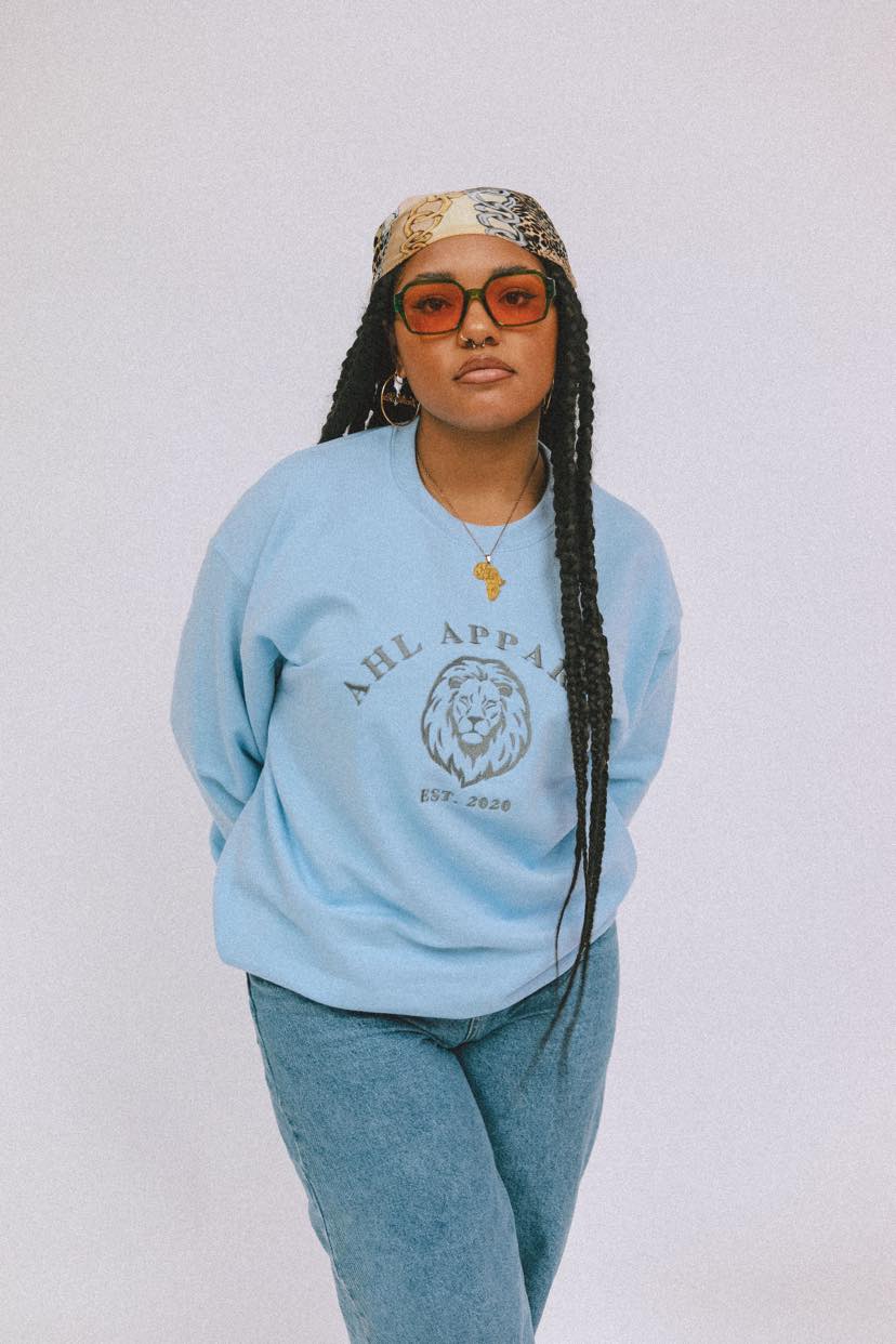 Female modelling royal sweatshirt in blue