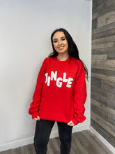 Load image into Gallery viewer, Female modelling red jingle sweatshirt
