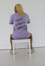 Load image into Gallery viewer, Female sitting on chair modelling the back of those summer nights purple t-shirt
